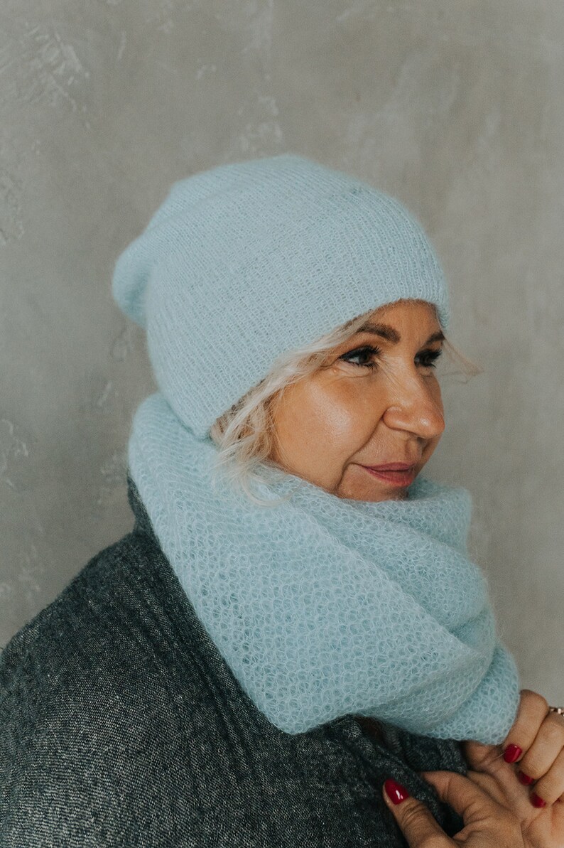 Light blue SET of knitted mohair beanie and scarf, handmade soft wool winter hat and infinity scarves, luxury knitted wool hat, minimal look image 3