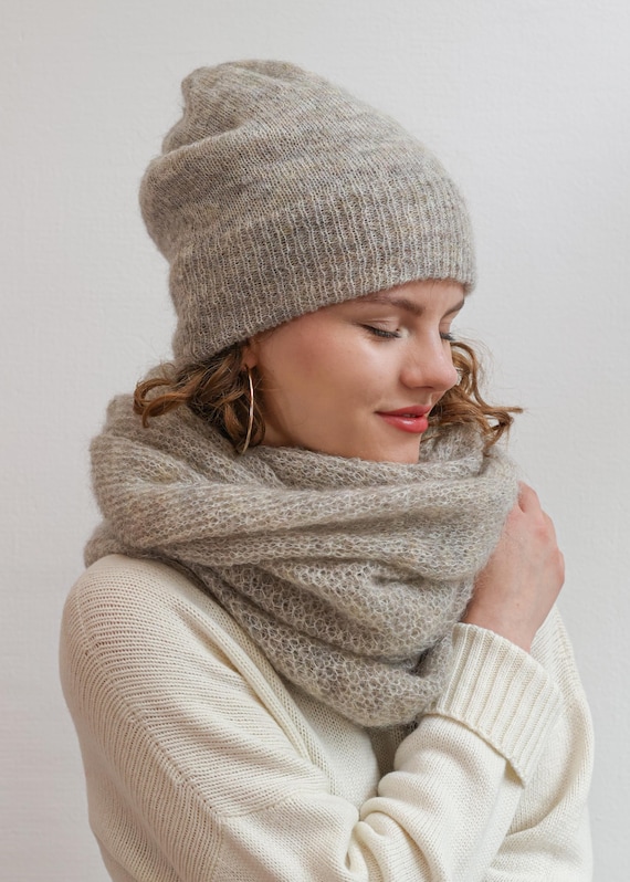 Hat and Scarf Set Mohair, Lambswool Beanie, Knitted Infinity  display picture 3