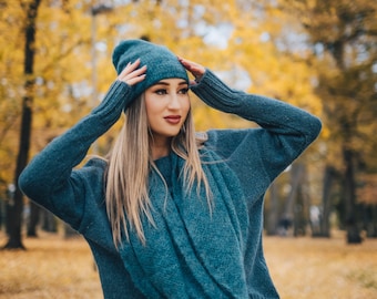Gorros de invierno de lana mohair de diferentes colores, conjunto de gorro de punto, bufanda y calentadores de brazos, bufanda larga recta con calentadores de brazos, gorro de mujer de ajuste esponjoso