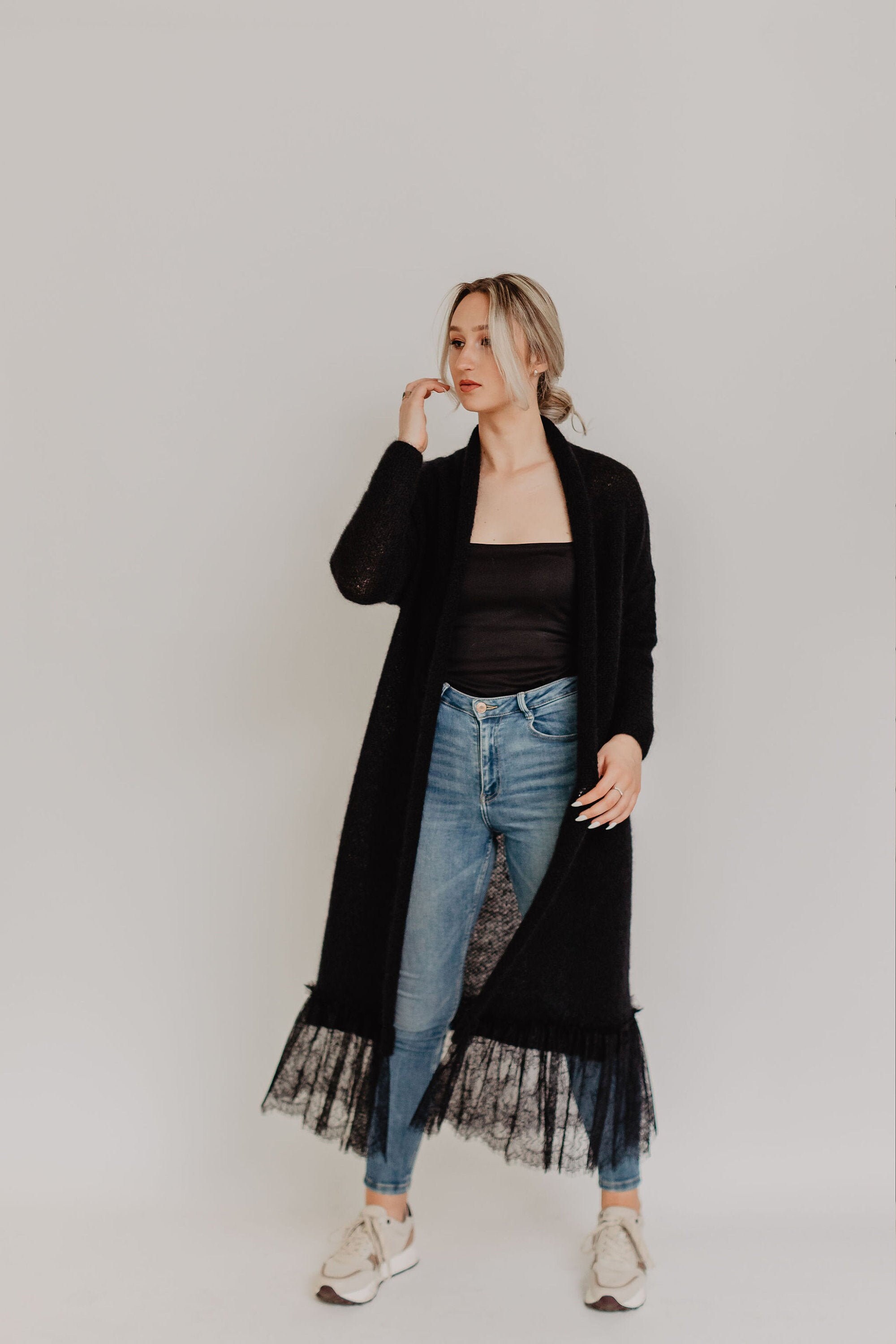black sheer wool cardigan black lace cardigans romantic cardigans handmade romantic wool cardigan Black maxi cardigan with lace details