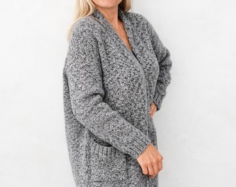 Chunky knit knee length jacket, black/white thick knit cardigan merino cardigan she, knitted plain tweed, lambswool long open front cardigan