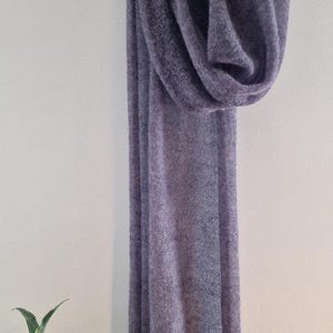 Peut inclure: Une longue &eacute;charpe douce et violette suspendue &agrave; un cintre. L'&eacute;charpe est faite d'un tissu l&eacute;ger et a&eacute;r&eacute; et a une surface l&eacute;g&egrave;rement textur&eacute;e.