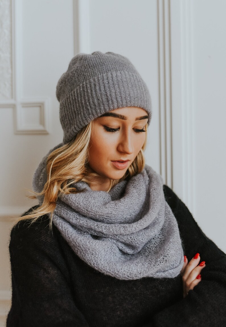 Light blue SET of knitted mohair beanie and scarf, handmade soft wool winter hat and infinity scarves, luxury knitted wool hat, minimal look image 7