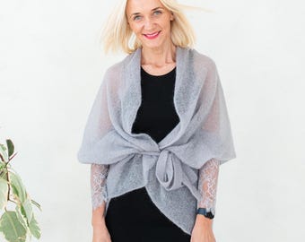 Mohair cardigan, thin knit bridal shrug wool wrap, women's sheer cardigan for wedding, bridal mohair wrap cardigan, oversized gray