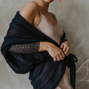 Navy sheer delicate knit mohair cardigans, lace sleeve shrug womens, luxury knitwear, feminine look, romantic style, oversized shrug S/M/L