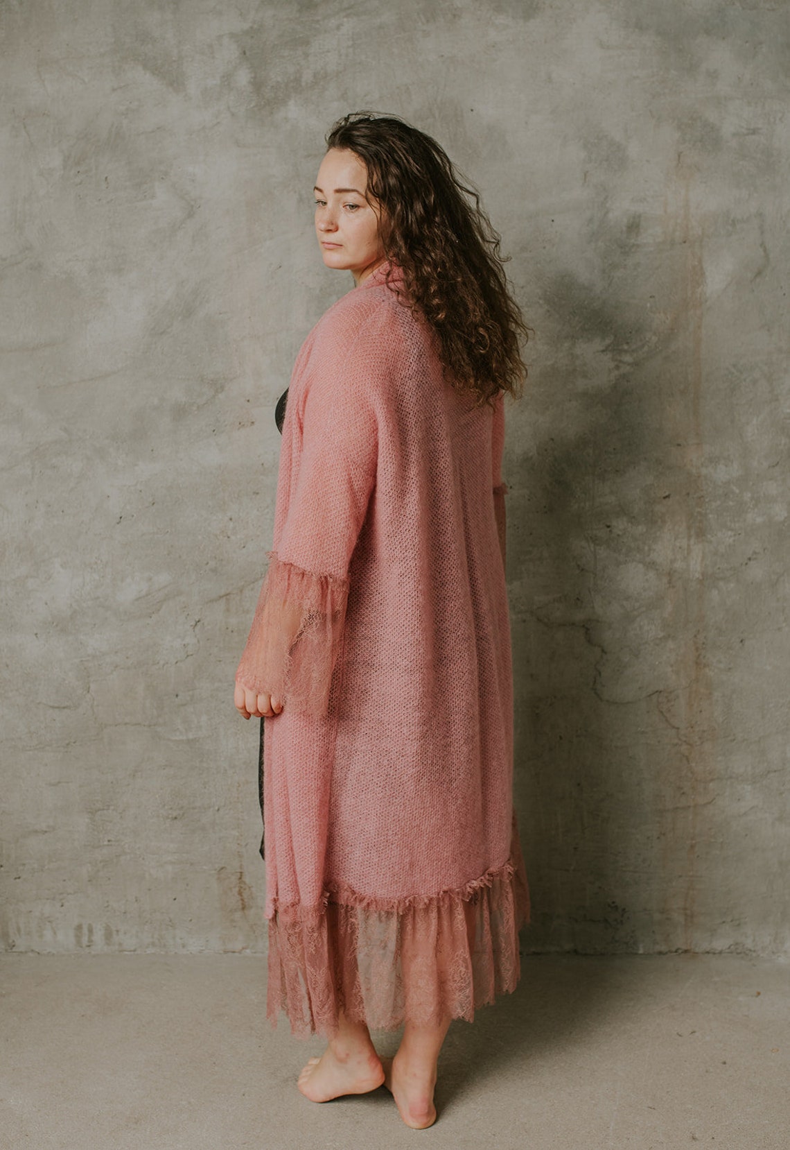 Pink maxi cardigan with lace details pink sheer wool Etsy