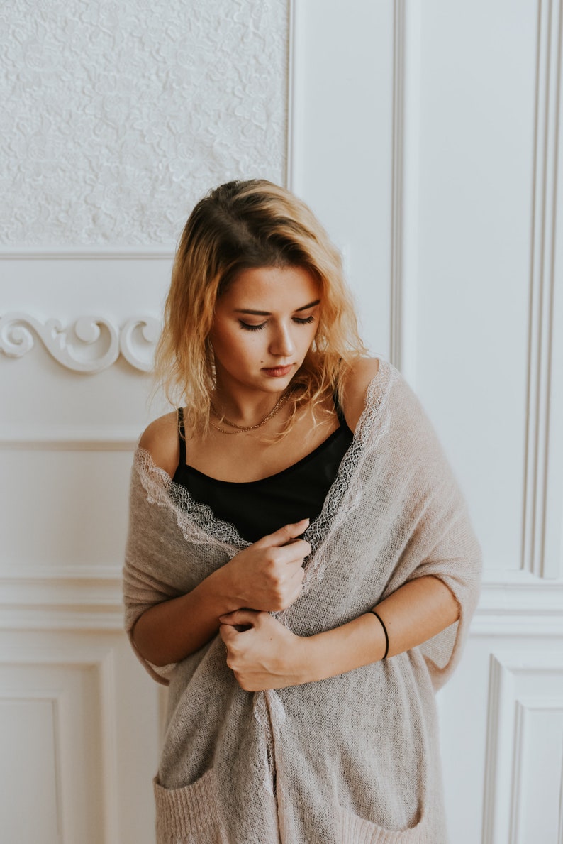 powder beige sheer wool cardigan handmade romantic wool cardigan READY TO SHIP romantic cardigans knitted wool vest with lace detail