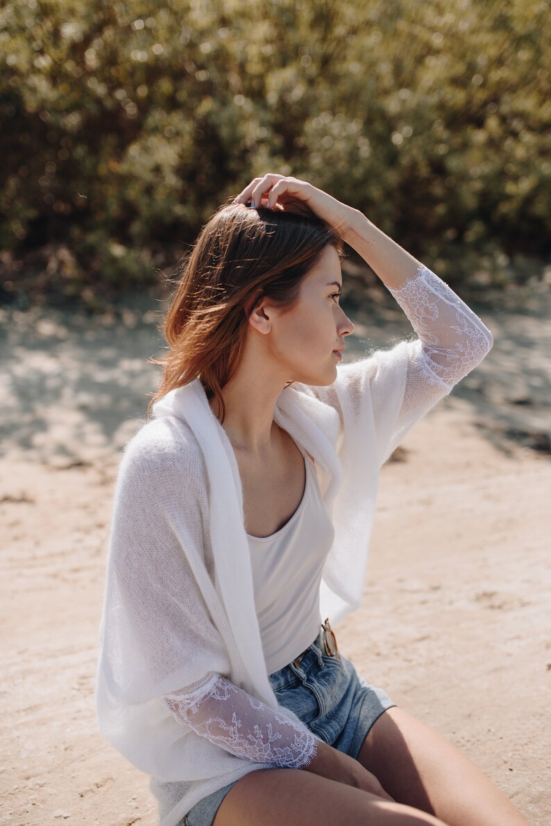 Handmade Mohair Bridal Cardigan: White Lace Sleeve Wedding Coverup image 5