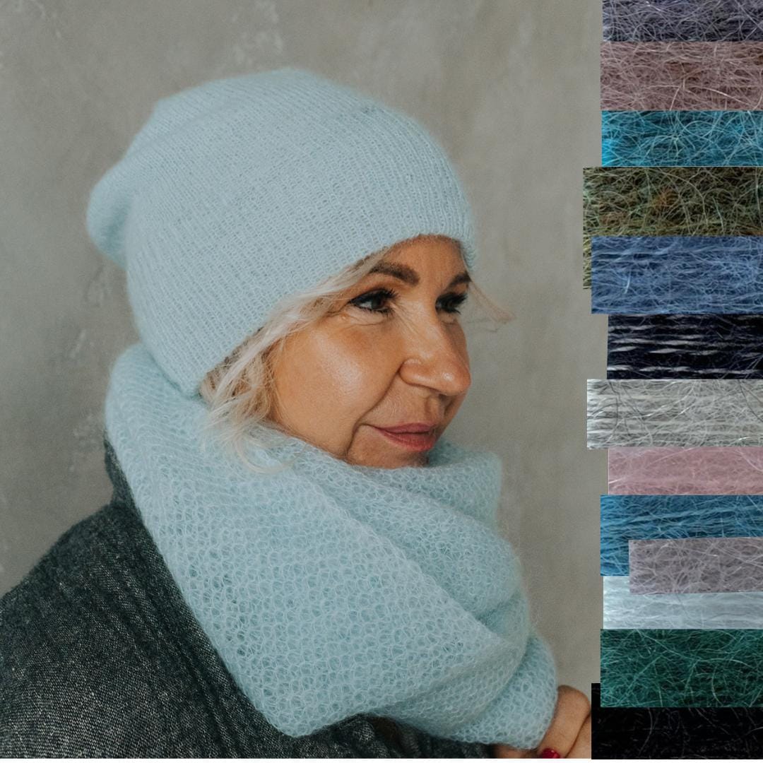 Knitted warm mohair beanie or scarf, mohair hat and scarf set for women, winter accessories, chunky infinity scarf, feminine fashion