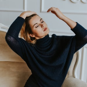 Navy knitted oversized wool sweater for women, turtle neck mohair jumper, simple asymmetrical loose fit knitted top, capsule wardrobe S/M