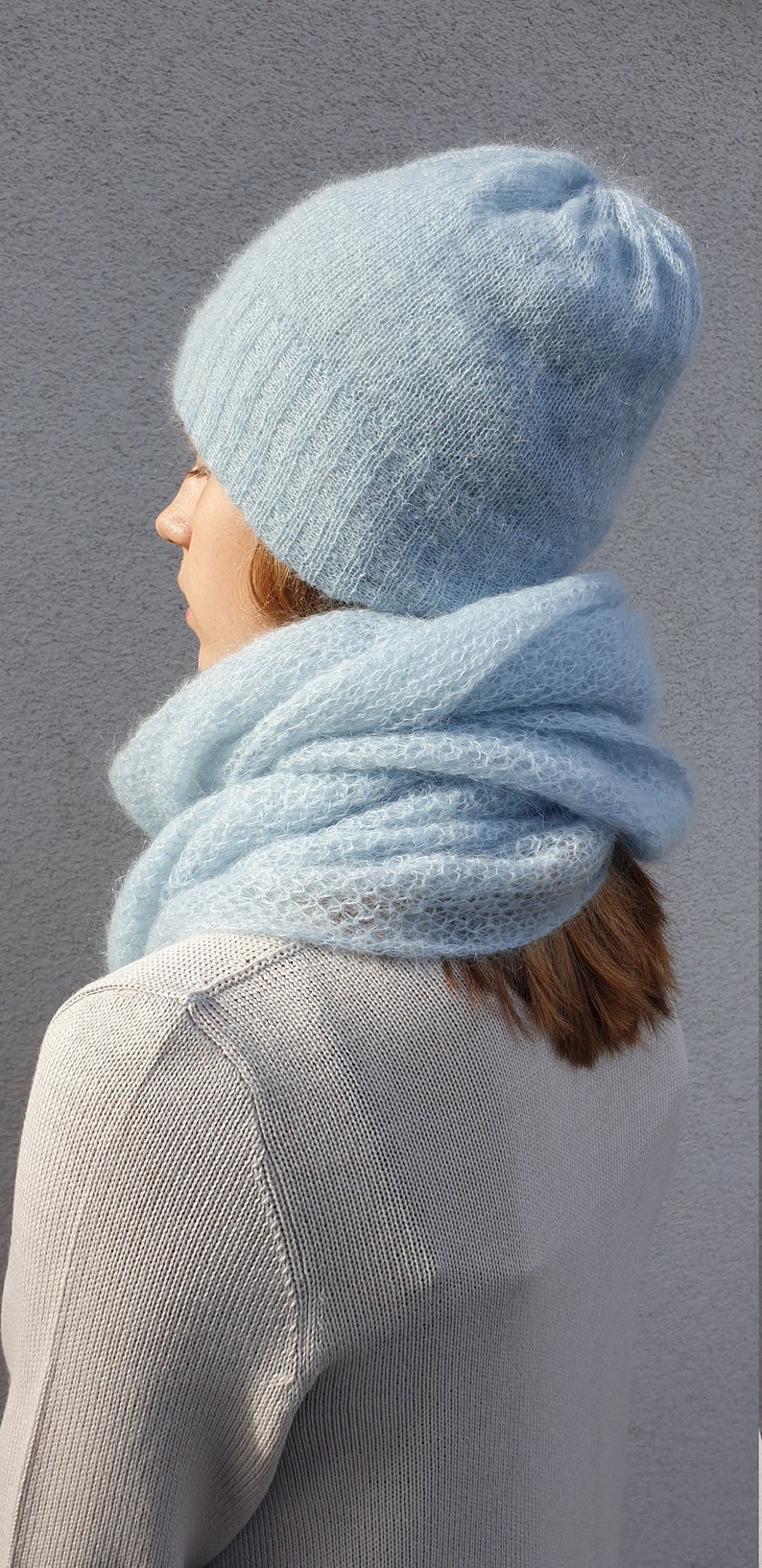 Light blue SET of knitted mohair beanie and scarf, handmade soft wool winter hat and infinity scarves, luxury knitted wool hat, minimal look image 4