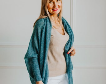 Turquoise Simple design oversized handmade wool cardigan, loose fit mohair shrug for women, minimal knitted kidmohair cardigans, sheer knit