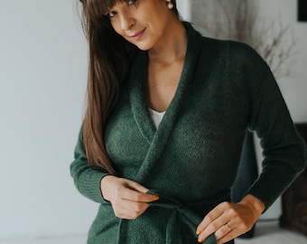 Cárdigan de punto verde oscuro, cárdigan con cinturón, cárdigan de punto fino, cárdigan cruzado de lana, bolero de punto grueso, cárdigan cálido, cárdigan elegante para la oficina