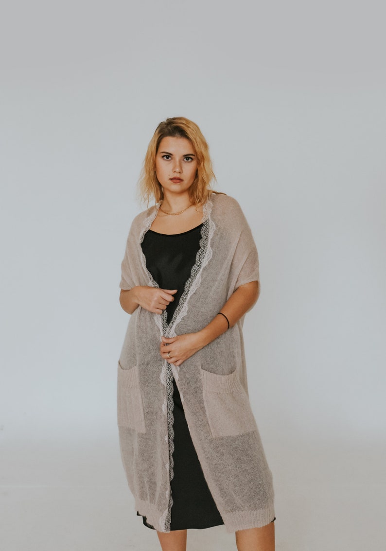 powder beige sheer wool cardigan handmade romantic wool cardigan READY TO SHIP romantic cardigans knitted wool vest with lace detail