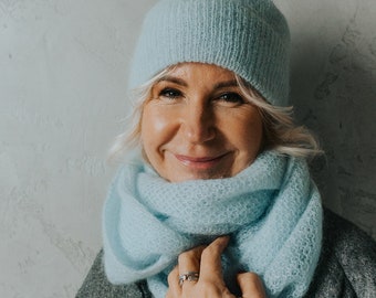 Light blue SET of knitted mohair beanie and scarf, handmade soft wool winter hat and infinity scarves, luxury knitted wool hat, minimal look