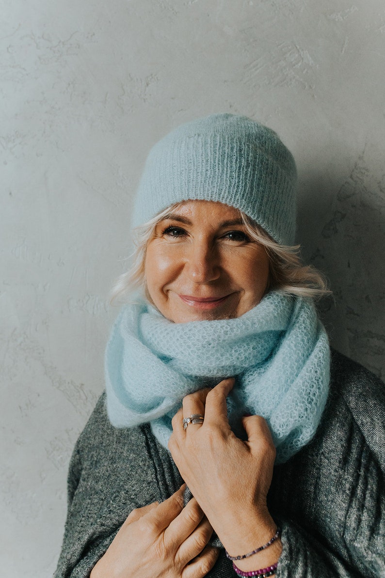 Light blue SET of knitted mohair beanie and scarf, handmade soft wool winter hat and infinity scarves, luxury knitted wool hat, minimal look image 1