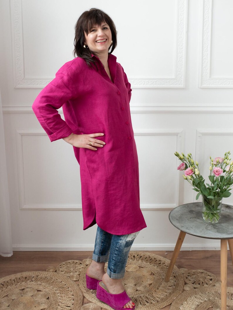 Flax Dress With Pockets, Linen Maxi Shirt With Sleeves, Loose Fit Tunic