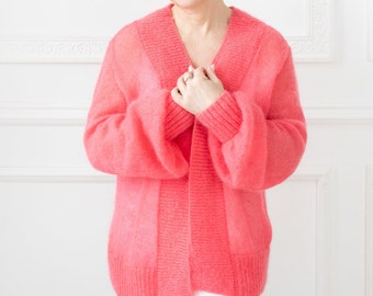 Coral pink loose fit soft mohair cardigan, oversized knitted cardigan, elegant luxury knitwear, delicate knit