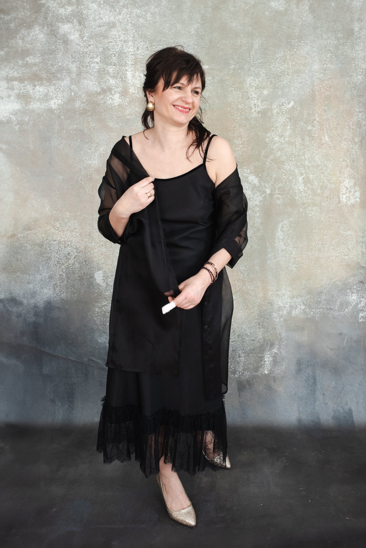 open lace back dress Midnight Noir Sheer Organza Shirt Maxi Dress