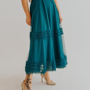 Teal Tulle Midi Skirt: Elegant Ruffle Wedding Guest Outfit