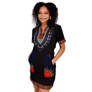 Navy Blue African Women Dress, Vintage Style Traditional Dress With Pocket, Bohemian Dress, Body Con Tribal Print Dress