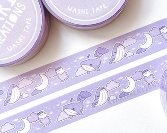 Dream Whale Washi Tape, Cute Purple Washi Tape, Kawaii Stationery Tape, Pastel Washi Tape