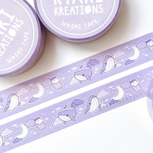 Dream Whale Washi Tape, Cute Purple Washi Tape, Kawaii Stationery Tape, Pastel Washi Tape