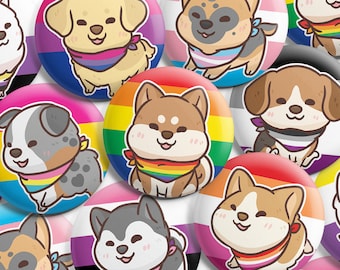 Pride Puppy Button Pins, Pride Dog Button Pins, LGBTQ+ Pins