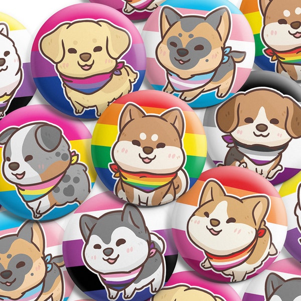 Pride Puppy Button Pins, Pride Dog Button Pins, LGBTQ+ Pins