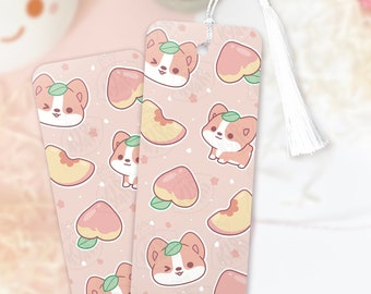 Cute Peach Corgi Bookmark, Kawaii Foodie Bookmark, Fruit Patterned Tassel Bookmark