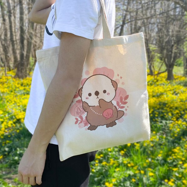 Lindo bolso de mano de nutria marina, bolso de mano de conchas y nutrias, bolsa de compras reutilizable Kawaii