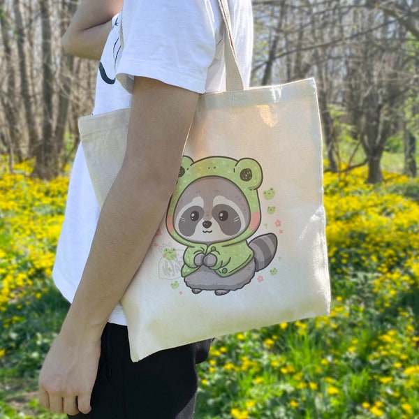 Cute Froggy Raccoon Tote Bag, Cotton Tote Bag, Eco Friendly Shopping Bag