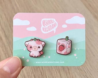 Strawberry Cow Earrings, Cute Pink Stud Earrings, Strawberry Milk Earrings