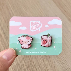 Strawberry Cow Earrings, Cute Pink Stud Earrings, Strawberry Milk Earrings