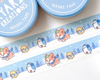 Cute Winter Washi Tape, Corgi and Friends Washi Tape, Snow Day Washi Tape