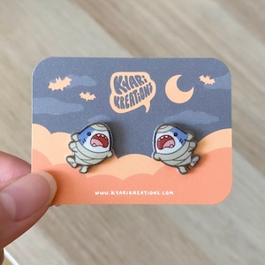 Cute Mummy Shark Earrings, Great White Shark Stud Earrings, Spooky Halloween Earrings