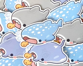 Cute Snacking Shark Stickers, Shark Eating Goldfish Cracker Stickers, Manta Ray Sticker, Marine Life Waterproof Vinyl Sticker