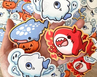 Cute Spooky Shark Stickers, Ghost Shark, Devil Shark, Halloween Shark Stickers, Waterproof Shark Vinyl Sticker
