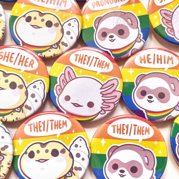 Cute Animal Pronoun Buttons, LGBTQ+ Pins, Pride Bandana Pets, Pride Pinback Buttons, Axolotl, Leopard Gecko, Ferret