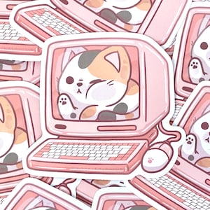 Pegatinas de gato para ordenador, pegatinas retro rosas, pegatinas para portátil, pegatinas de gato calicó