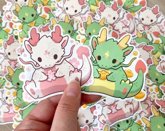Puede incluir: Un conjunto de pegatinas con dos adorables dragones de dibujos animados. Un dragón es rosa y blanco con un diseño floral, mientras que el otro es verde con detalles dorados. Ambos dragones sostienen monedas de oro.