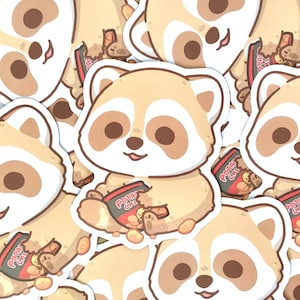 Linda pegatina de mapache dorado con papas fritas, linda pegatina de panda de basura, pegatinas de vinilo impermeables