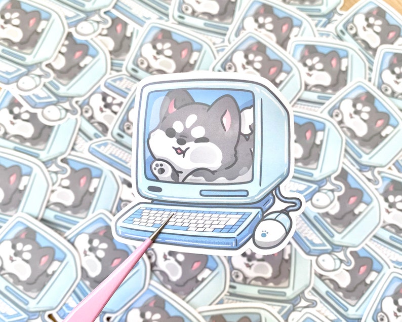 husky in a computer stickers blue pastel stickers
