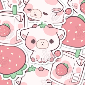 Cute Strawberry Cow Sticker Set, Strawberry Milk Stickers