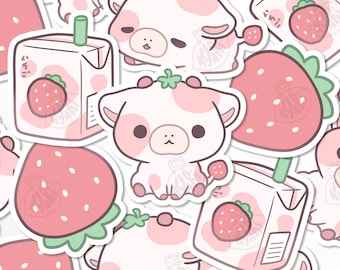 Cute Strawberry Cow Sticker Set, Strawberry Milk Stickers