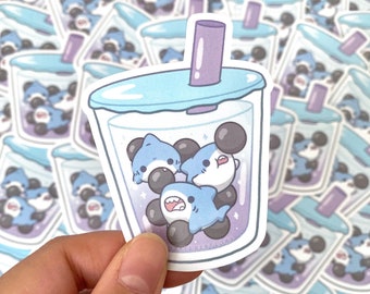 Cute Boba Shark Stickers, Bubble Tea Sticker, Baby Shark Sticker