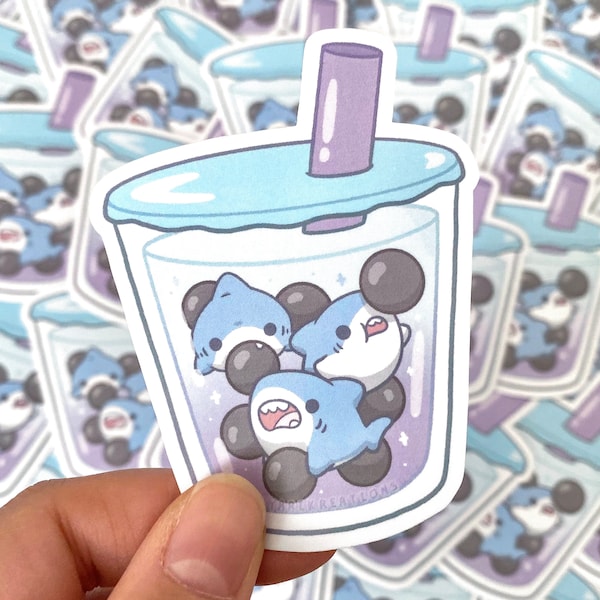 Cute Boba Shark Stickers, Bubble Tea Sticker, Baby Shark Sticker