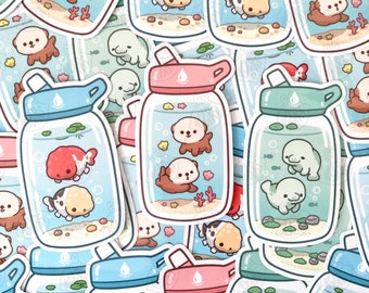 Otter In A Bottle Sticker, Goldfish In A Bottle Sticker, Manatee In A Bottle Sticker, Transparent Waterproof Sticker, Cute Animal Stickers