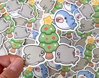 Cute Shark Christmas Tree Sticker, Holly Jawly Christmas, Holiday Sharky Stickers
