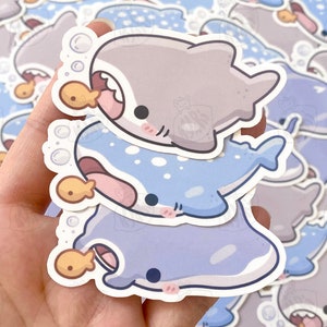 Cute Snacking Shark Stickers, Shark Eating Goldfish Cracker Stickers, Manta Ray Sticker, Marine Life Waterproof Vinyl Sticker